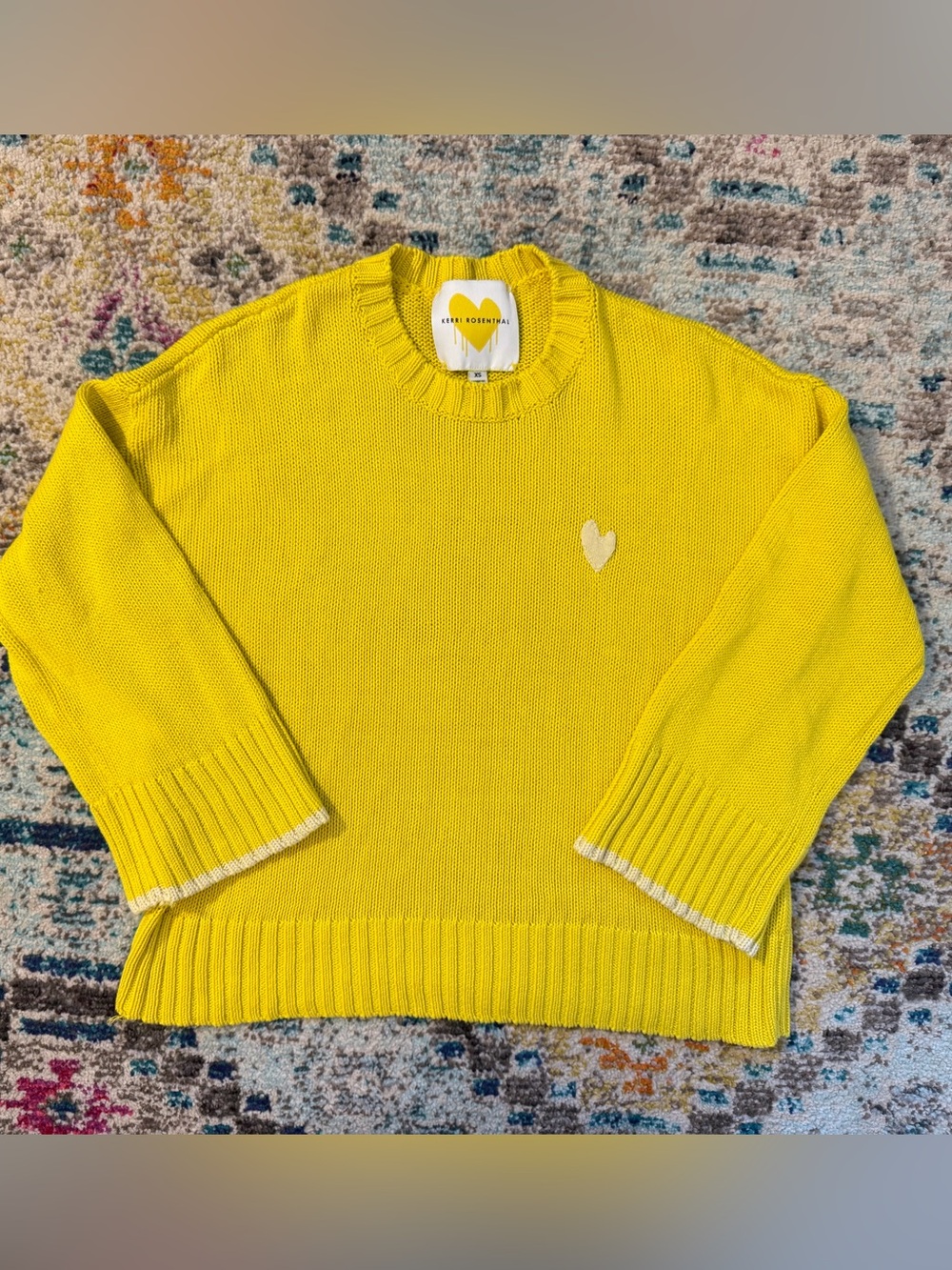 Kerri Rosenthal Yellow Crewneck Sweater with Heart Detail
